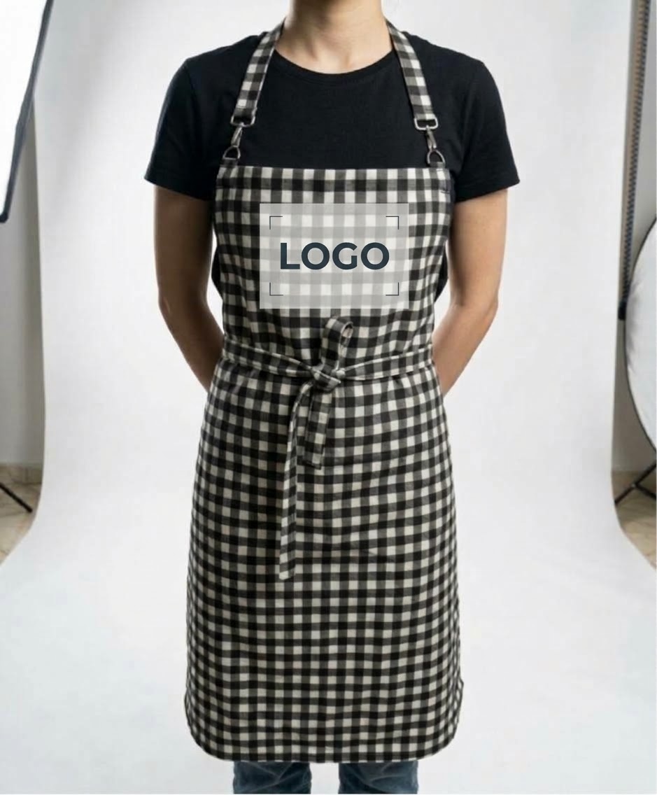 Schwarze karierte Kochschürze mit Accessoires